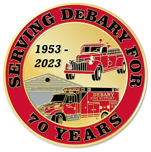 Challenge coin reverse – “Serving DeBary for 70 years, 1953–2023” with the original engine and Support 33